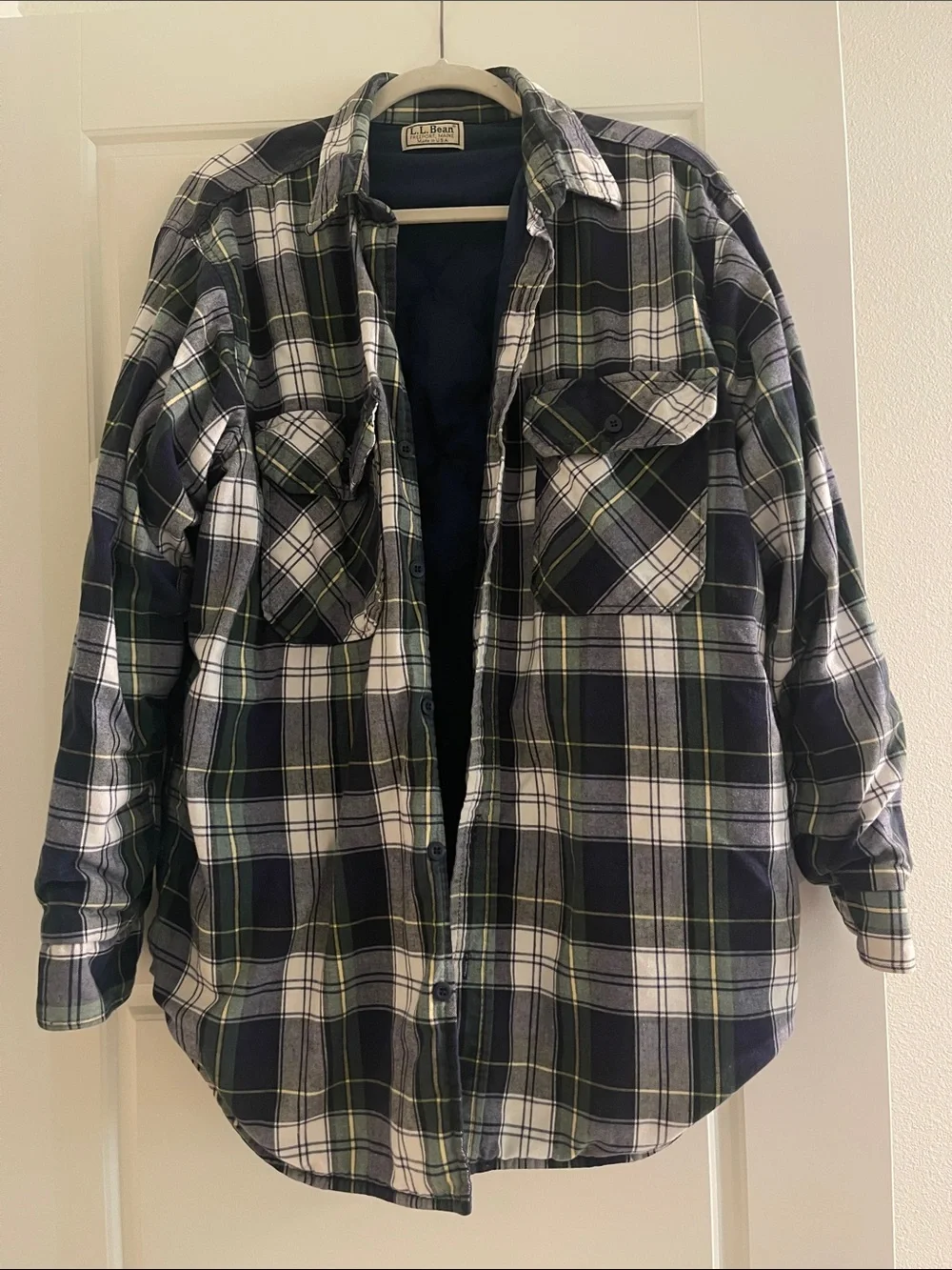 L.L. Bean Vintage Navy, White & Green Plaid Button-Down Flannel Shirt